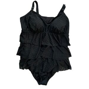 Bal Harbour Swimwear Black Tiered Ruffle Eyelet One Piece Swimsuit Plus Size 22W